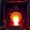 Industrial forging plant with glowing red hot metal being hammered by massive press powerful atmosphere
