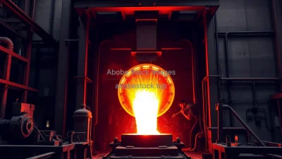 Industrial forging plant with glowing red hot metal being hammered by massive press powerful atmosphere
