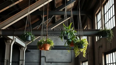 Industrial loft with hanging planters from ceiling beams