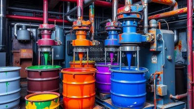 Industrial paint mixing facility with colorful barrels mechanical mixers saturated tones semi abstract