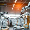 Industrial robot showroom demonstrating various robotic arms performing synchronized tasks spotlight lighting