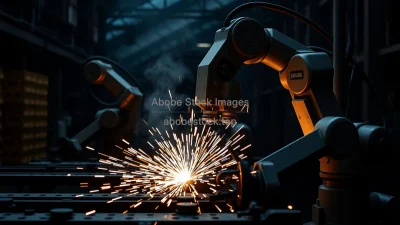 Industrial robotic welders creating sparks while joining metal components dark moody factory interior
