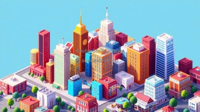 Isometric city buildings in bright color palette