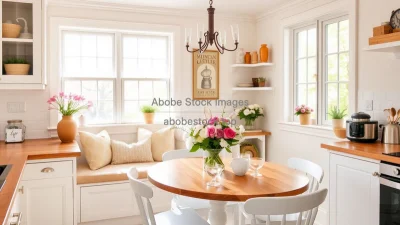Kitchen breakfast nook with bench seating and floral arrangement