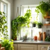 Kitchen corner with trailing philodendron and hanging herbs