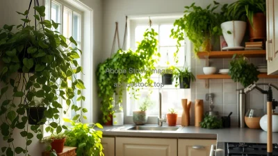 Kitchen corner with trailing philodendron and hanging herbs