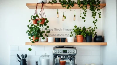 Kitchen corner with trailing pothos above coffee station