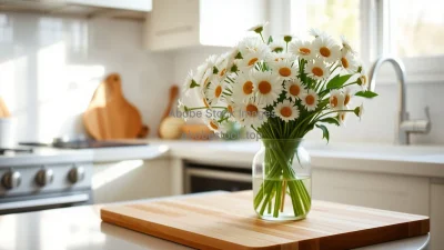 Kitchen countertop with vase of fresh daisies