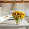 Kitchen island with bouquet of sunflowers in a vase