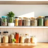 Kitchen shelf with neatly arranged herbs and spices alongside small plants