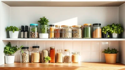 Kitchen shelf with neatly arranged herbs and spices alongside small plants