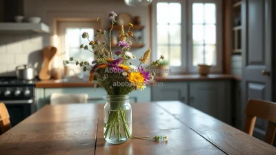 Kitchen table with wildflower bouquet in a jar