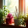Kitchen windowsill herb garden with basil
