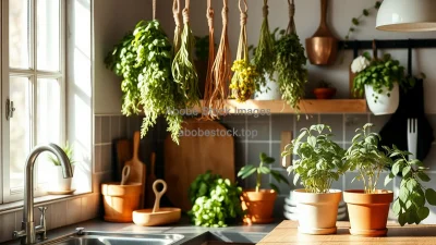 Kitchen with hanging dried herbs and fresh potted plants