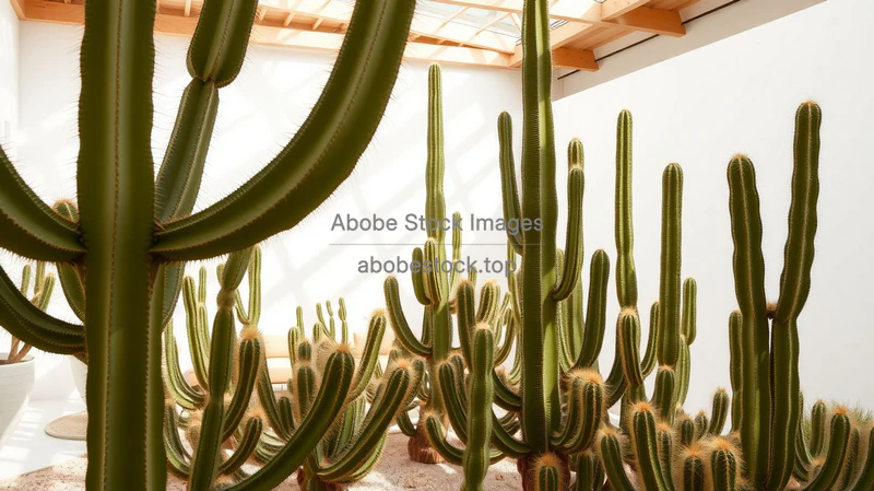 Large cactus garden in a sunny indoor atrium