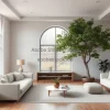 Large living room with picture window and indoor tree