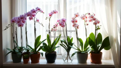 Large orchid collection on windowsill