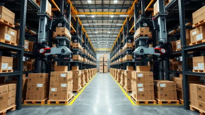 Large robotic palletizing system stacking boxes in logistics center symmetrical composition industrial aesthetic