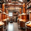 Large scale brewery with copper brewing kettles pipes and gauges warm amber glow inviting industrial design