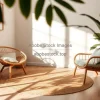 Living room corner with monstera and rattan chair
