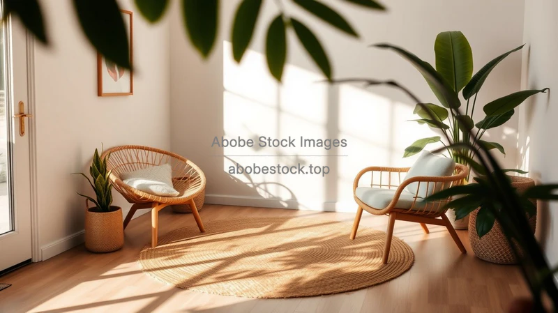 Living room corner with monstera and rattan chair