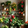 Living room with corner shelving unit full of colorful flowering plants