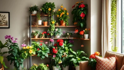 Living room with corner shelving unit full of colorful flowering plants