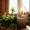 Loft living space with hammock chair and plants around