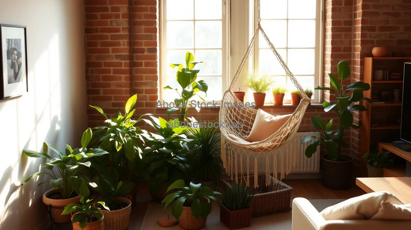 Loft living space with hammock chair and plants around