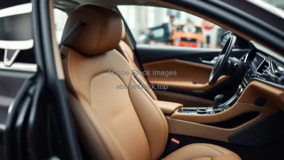 Luxury car interior assembly line leather seats dashboards being carefully fitted sophisticated atmosphere