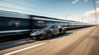 Luxury car racing alongside a high speed train parallel motion comparison
