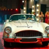 Luxury classic car at a glamorous red carpet event photographers flashing