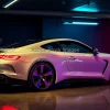 Luxury coupe parked in underground club style garage colored lights
