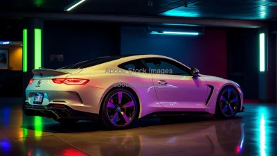 Luxury coupe parked in underground club style garage colored lights