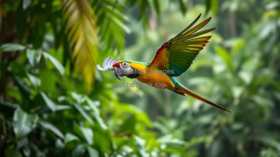 Macaw flying through lush rainforest