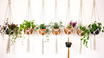 Macrame plant hangers in a row with different plants
