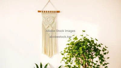Macrame wall hanging and trailing philodendron in boho apartment
