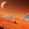 Mars colony using solar panels and physics based energy systems red planet landscape cinematic