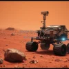 Mars rover using physics sensors to analyze rocks and soil red dusty landscape realistic rendering
