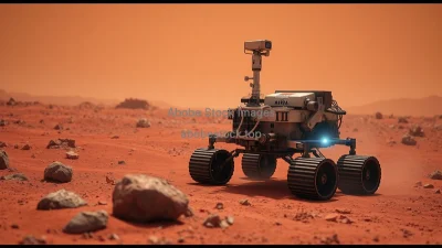 Mars rover using physics sensors to analyze rocks and soil red dusty landscape realistic rendering