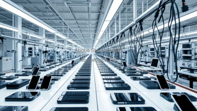 Mass production of smartphones in a clean facility organized workstations overhead lights minimalistic