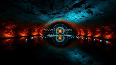 Massive neutrino detector cavern filled with water and photomultiplier spheres eerie blue light
