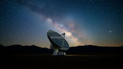Massive radio telescope dish under Milky Way stars long exposure astrophotography aesthetic