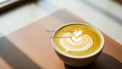 Matcha latte with latte art in ceramic bowl
