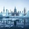 Melting ice sculptures shaped like famous landmarks puddles forming underneath studio shot