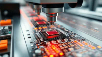 Microchip packaging line with tiny components being encapsulated robotic precision macro detail