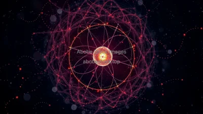 Microscopic view of electron probability clouds around a nucleus quantum orbital visualization