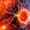 Microscopic view of Higgs boson interaction in a particle collision abstract colorful visualization
