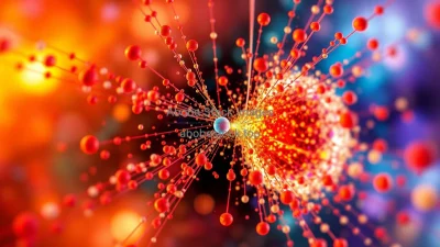 Microscopic view of Higgs boson interaction in a particle collision abstract colorful visualization