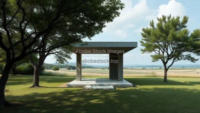 Minimalist concrete pavilion in open landscape